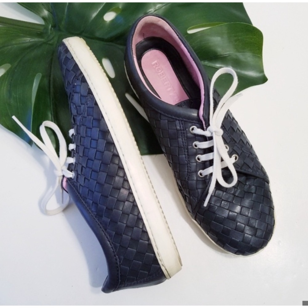 Robert Zur Terri Woven Leather Lace-Up Sneakers, Black, Pink Lining,‎ 8.5M